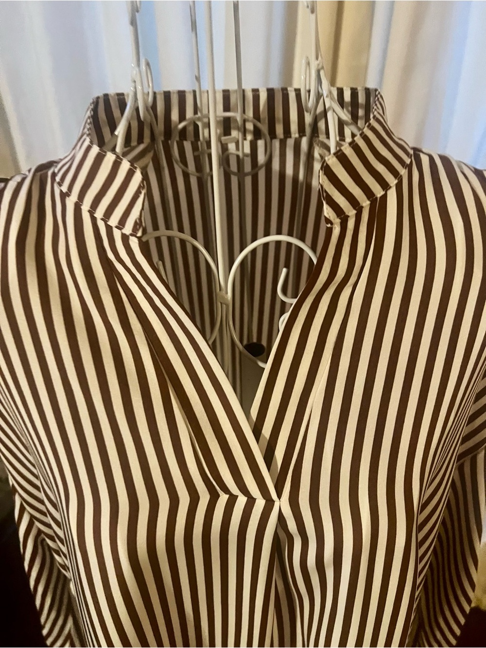 Vertical Stripe Long Sleeve Shirt Dress in Brown and White - Picture 2 of 8